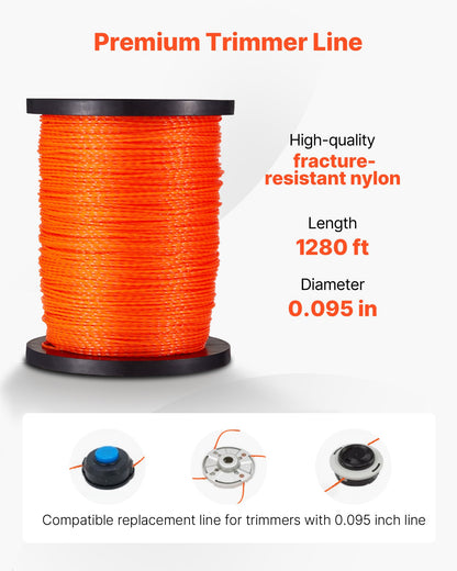 0.095 in 1280 ft String Trimmer Line, Orange Heavy Duty Weed Eater String, Premium Nylon Universal Replacement Trimmer Line Spool with Twisted Design, Suitable for Professional & Homeowner Use