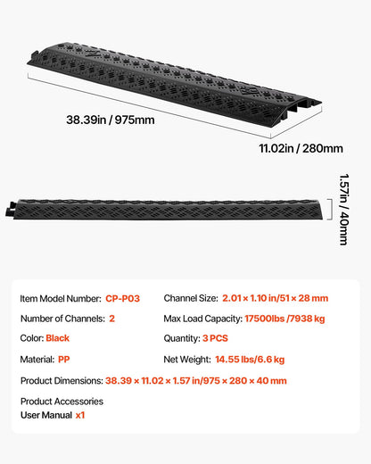 Drop Over Cable Cover, 17,500 lbs/Axle Load Capacity, Heavy Duty Cable Hose Protector Ramp, Floor Cord Cover, for High Walking Traffic Areas, Indoor, Outdoor, Home, Office, Warehouse, 3 Pack