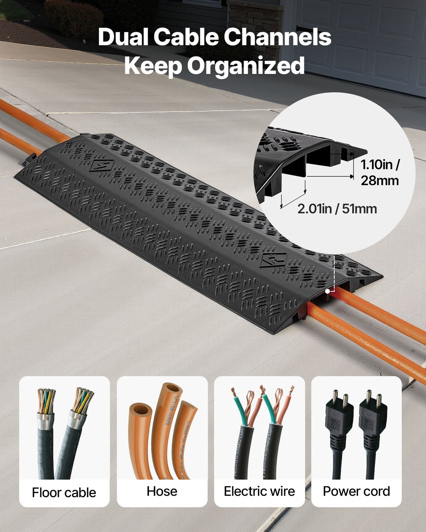 Drop Over Cable Cover, 17,500 lbs/Axle Load Capacity, Heavy Duty Cable Hose Protector Ramp, Floor Cord Cover, for High Walking Traffic Areas, Indoor, Outdoor, Home, Office, Warehouse, 1 Pack