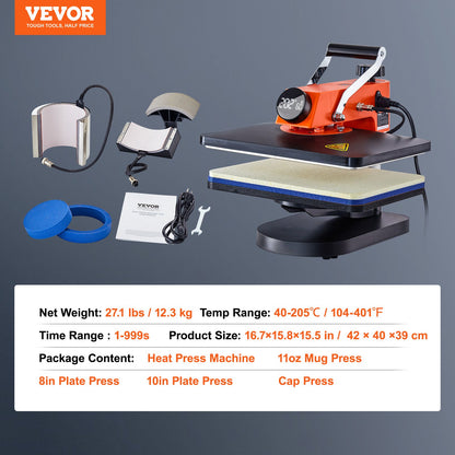 5-in-1 Heat Press Machine, 12" x 15" Fast Heating, 360 Swing Away Digital Sublimation Transfer, T-Shirt Vinyl Transfer Printer for Banners Canvas Bag Shirts Pillow Cups Caps Plates