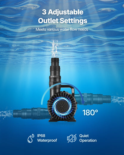 Submersible Water Pump, 280W 4500GPH, Aquarium Return Pump with 16.4 ft Lift Height & 180° Adjustable Flow Direction, Suitable for Pond, Aquarium, Fountain, Waterfall, and Fish Tank