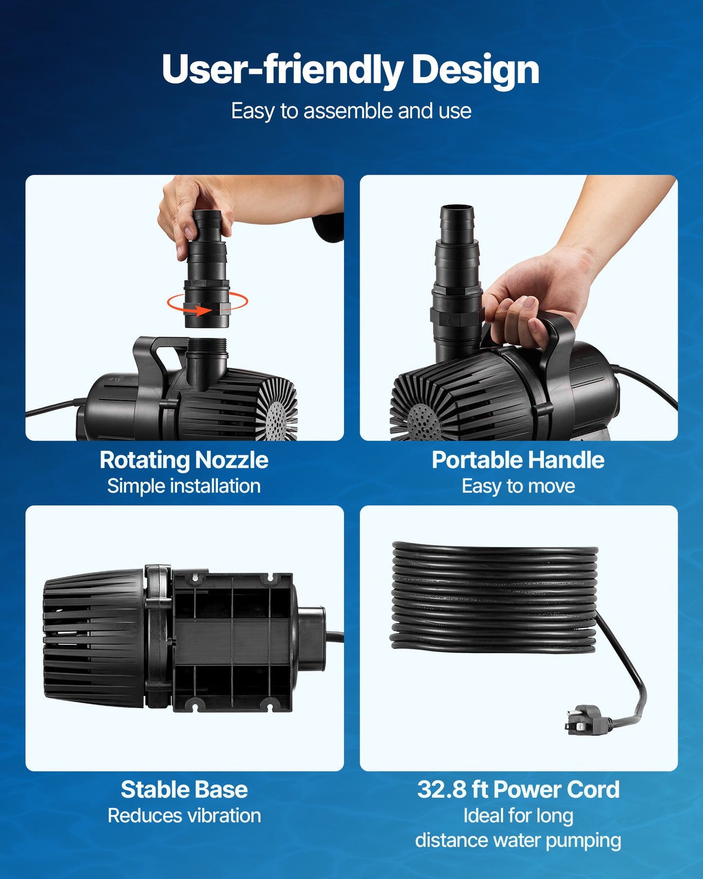 Submersible Water Pump, 280W 4500GPH, Aquarium Return Pump with 16.4 ft Lift Height & 180° Adjustable Flow Direction, Suitable for Pond, Aquarium, Fountain, Waterfall, and Fish Tank