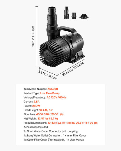Submersible Water Pump, 280W 4500GPH, Aquarium Return Pump with 16.4 ft Lift Height & 180° Adjustable Flow Direction, Suitable for Pond, Aquarium, Fountain, Waterfall, and Fish Tank