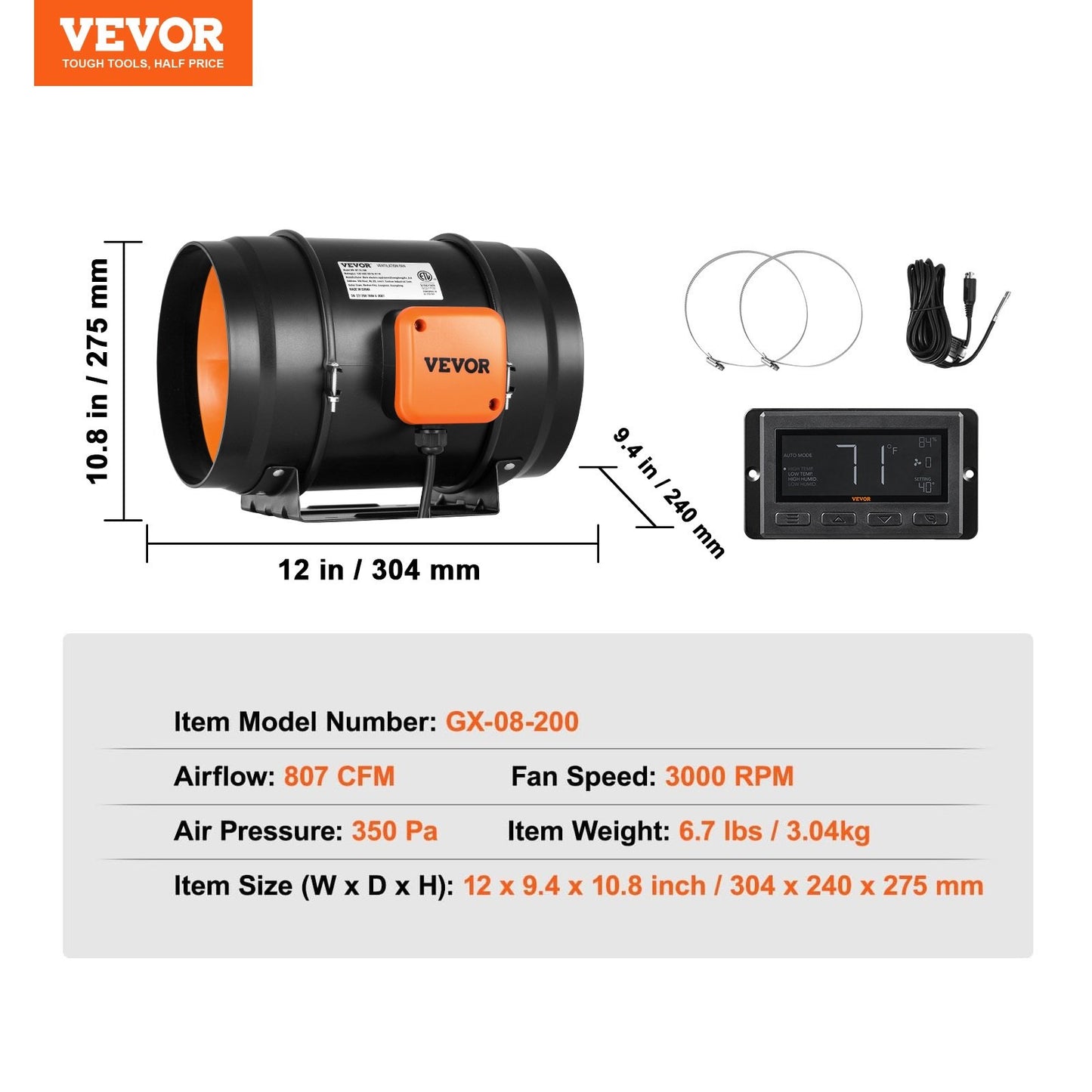 8 Inch Built-in Duct Fan HVAC Exhaust Fan Kit EC Variable Speed Control