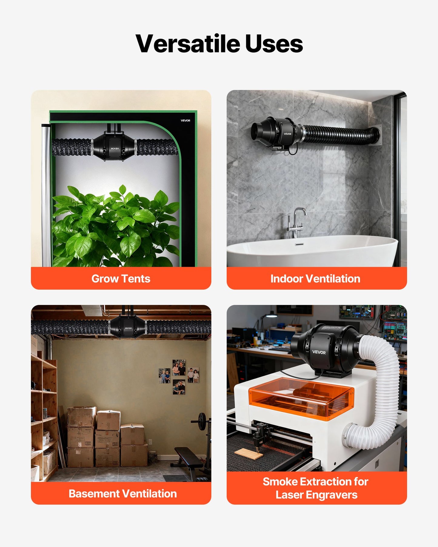 Inline Duct Fan, 4 in Quiet Inline Exhaust Fan, 180 CFM Powerful AC-Motor Ventilation Fans for Cooling Booster, High Air Flow, Vent Blower Fans for Indoor Grow Tents Basement Hydroponics