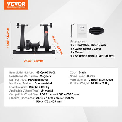 Bike Trainer Stand, magnetischer stationärer Fahrradständer für 26"-29" Räder, geräuschreduzierender Schwungradmotor, sicheres Radfahren für Indoor-Training, mit Schnellspannhebel und Vorderraderhöhung