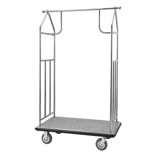 Hotel Luggage Cart, 800 LBS Load Capacity, Brushed Stainless Steel Finish Bellman's Cart, Valet Cart with Grey Carpeted Deck and 6-inch Rubber Wheels, Ideal for Hotels, Condos, Resorts, Silver