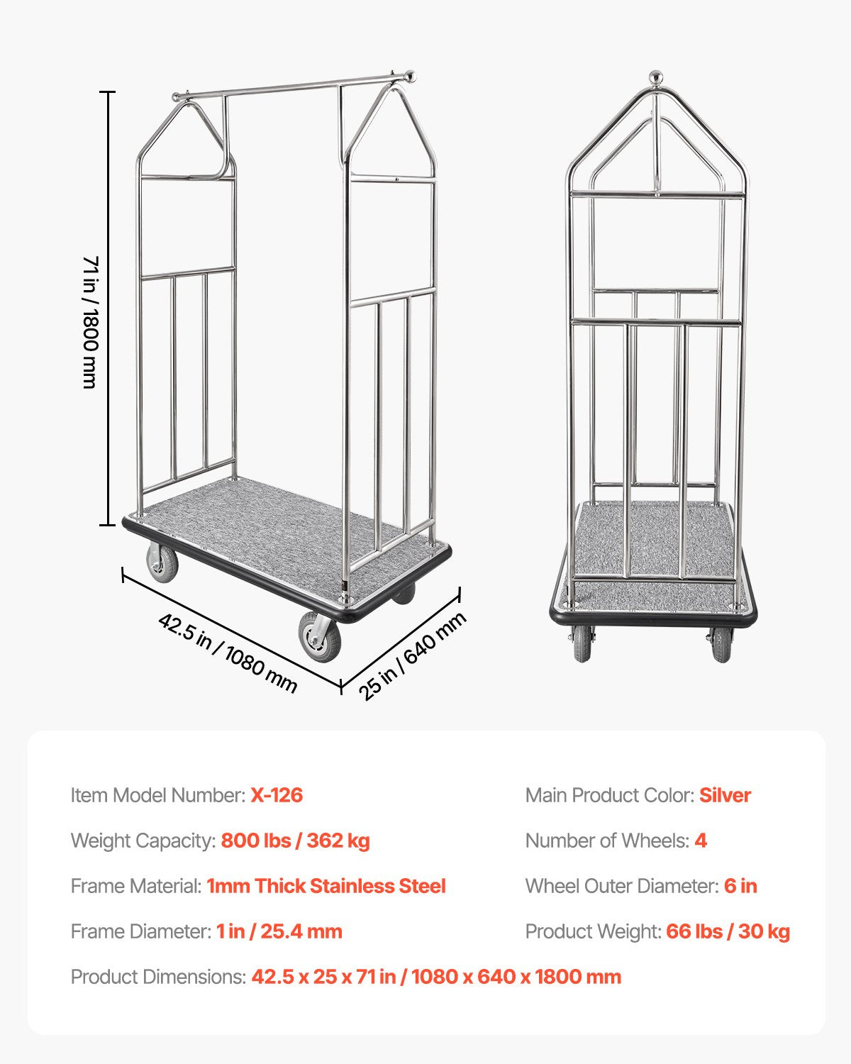 Hotel Bagagevagn 800 LBS Borstad rostfritt stål Finish Bellman's Cart