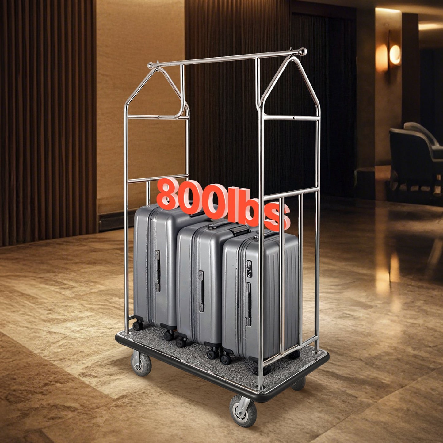 Hotel Luggage Cart, 800 LBS Load Capacity, Brushed Stainless Steel Finish Bellman's Cart, Valet Cart with Grey Carpeted Deck and 6-inch Rubber Wheels, Ideal for Hotels, Condos, Resorts, Silver
