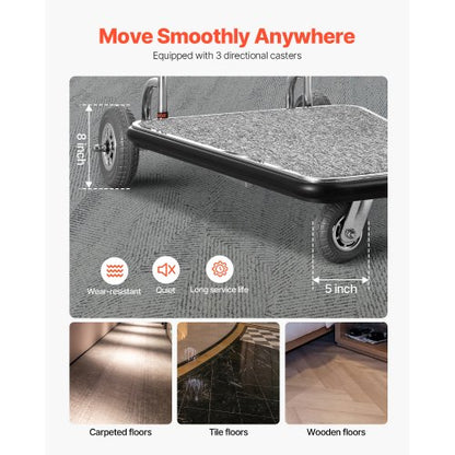 Bagagevagn, 600 kg lastkapacitet, 3-hjulig bellmanvagn i rostfritt stål, betjänad vagn med grått heltäckningsmatta och gummihjul, perfekt för kongresscenter, hotell, uthyrningsfastigheter, silver |  EU