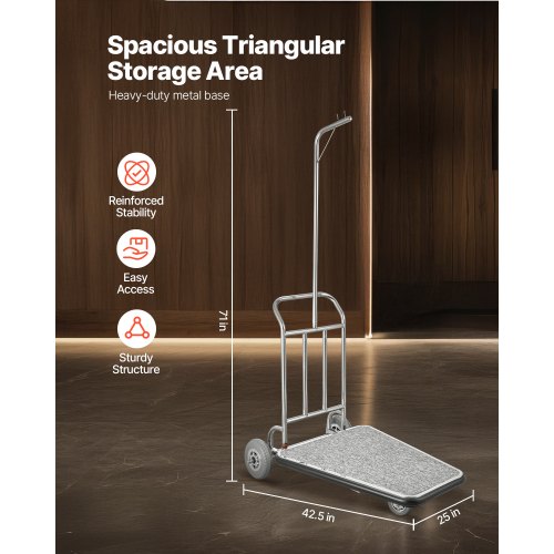 Bagagevagn, 600 kg lastkapacitet, 3-hjulig bellmanvagn i rostfritt stål, betjänad vagn med grått heltäckningsmatta och gummihjul, perfekt för kongresscenter, hotell, uthyrningsfastigheter, silver |  EU