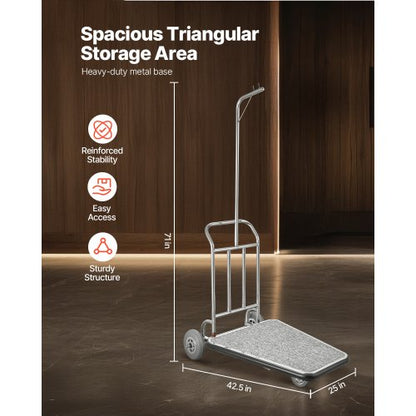 Bagagevagn, 600 kg lastkapacitet, 3-hjulig bellmanvagn i rostfritt stål, betjänad vagn med grått heltäckningsmatta och gummihjul, perfekt för kongresscenter, hotell, uthyrningsfastigheter, silver |  EU