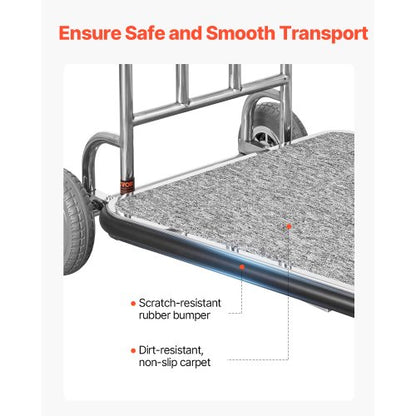 Bagagevagn, 600 kg lastkapacitet, 3-hjulig bellmanvagn i rostfritt stål, betjänad vagn med grått heltäckningsmatta och gummihjul, perfekt för kongresscenter, hotell, uthyrningsfastigheter, silver |  EU