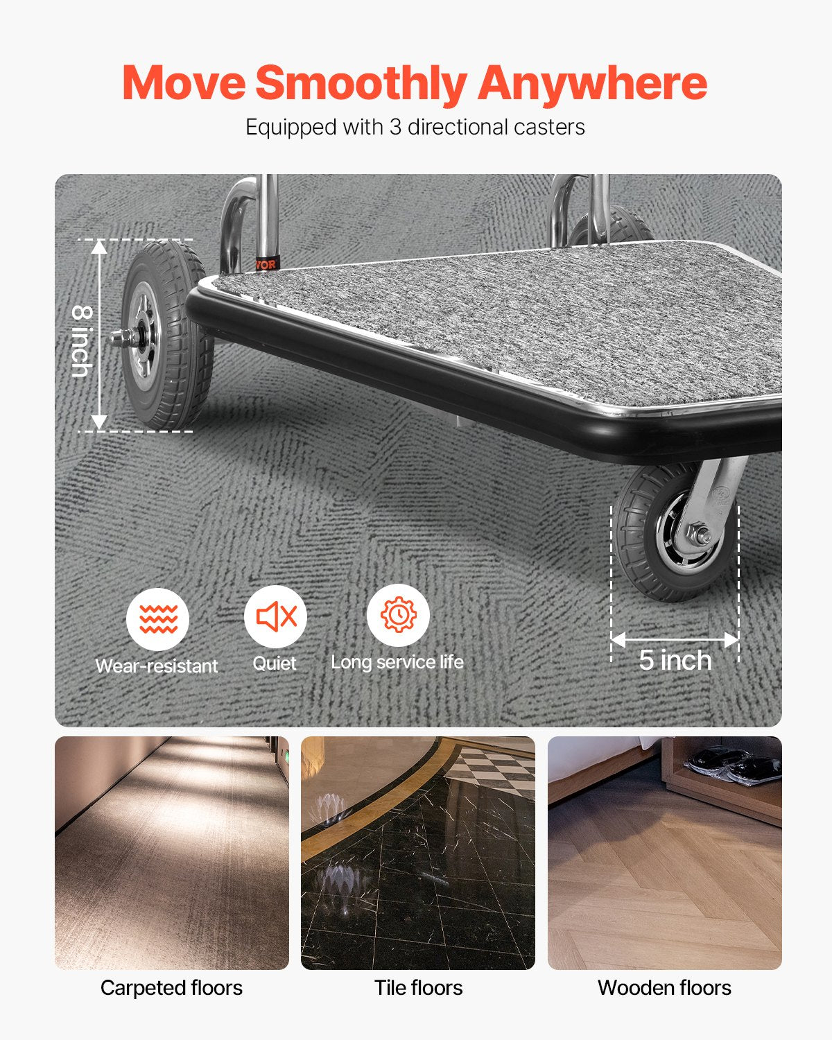 Luggage Cart, 600 LBS Load Capacity, 3 Wheel Stainless Steel Bellman Cart, Valet Cart with Grey Carpeted Deck and Rubber Wheels, Ideal for Convention Centers, Hotels, Rental Properties, Silver