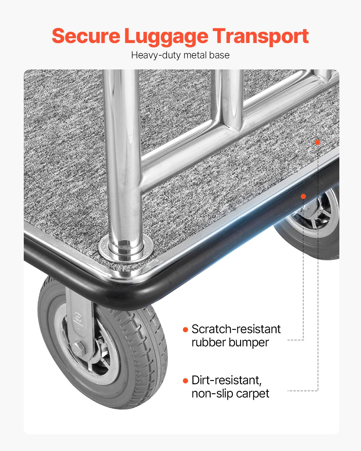 Hotel Luggage Cart, 1200 LBS Load Capacity, Brushed Stainless Steel Finish Bellman's Cart, Valet Cart with Grey Carpeted Deck and 8-inch Rubber Wheels, Ideal for Hotels, Condos, Resorts, Silver