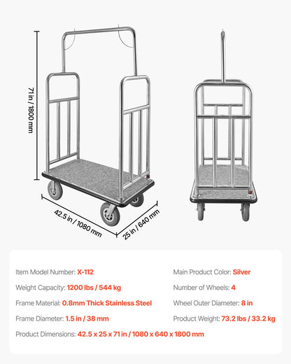 Hotel Luggage Cart, 1200 LBS Load Capacity, Brushed Stainless Steel Finish Bellman's Cart, Valet Cart with Grey Carpeted Deck and 8-inch Rubber Wheels, Ideal for Hotels, Condos, Resorts, Silver