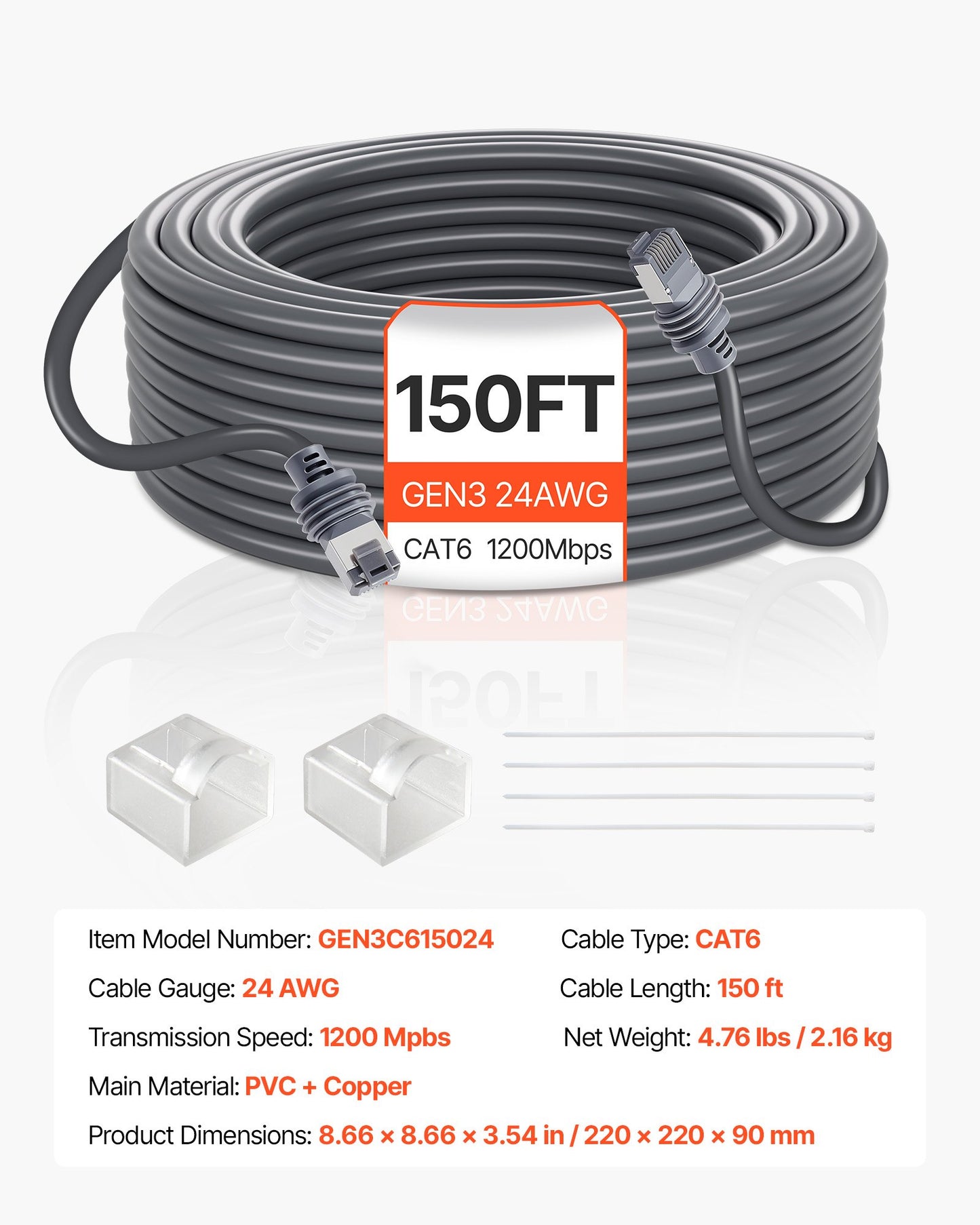 Starlink Gen 3 Cable, 150 FT, 24 AWG Copper Core, Durable Extension Cable for Standard Generation 3, Compatible with Starlink Rectangular Satellite V3, Flexible Wiring for RV, Backyard, Camping