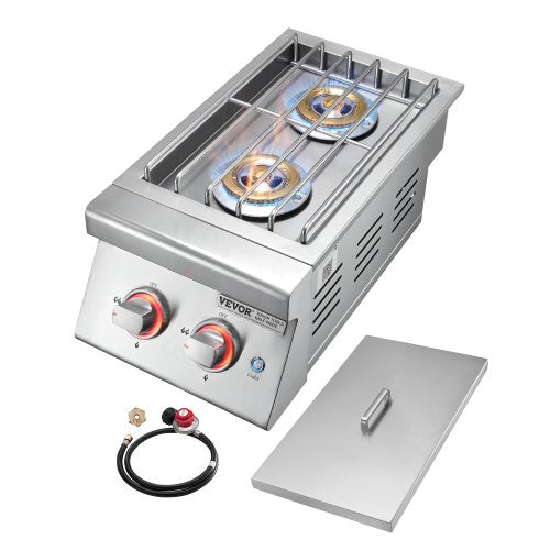 Double Grilling Side Burners, 2 x 17,000BTU Liquid Propane Side Burner for Outdoor Kitchen, Convertible to Natural Gas, 304 Stainless Steel Built-in Double Burners with LED for BBQ Grill Island