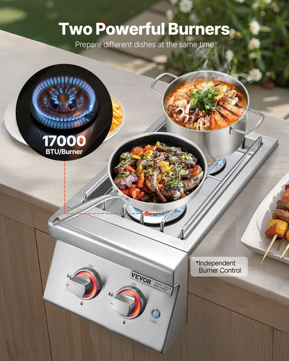 Double Grilling Side Burners, 2 x 17,000BTU Liquid Propane Side Burner for Outdoor Kitchen, Convertible to Natural Gas, 304 Stainless Steel Built-in Double Burners with LED for BBQ Grill Island