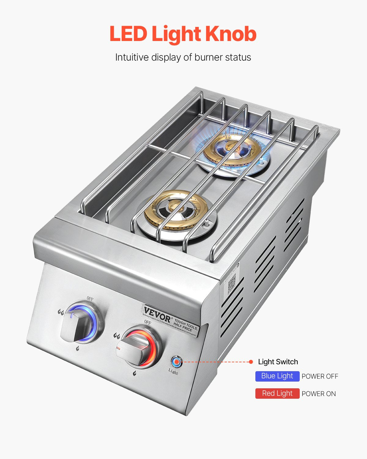 Double Grilling Side Burners, 2 x 17,000BTU Liquid Propane Side Burner for Outdoor Kitchen, Convertible to Natural Gas, 304 Stainless Steel Built-in Double Burners with LED for BBQ Grill Island