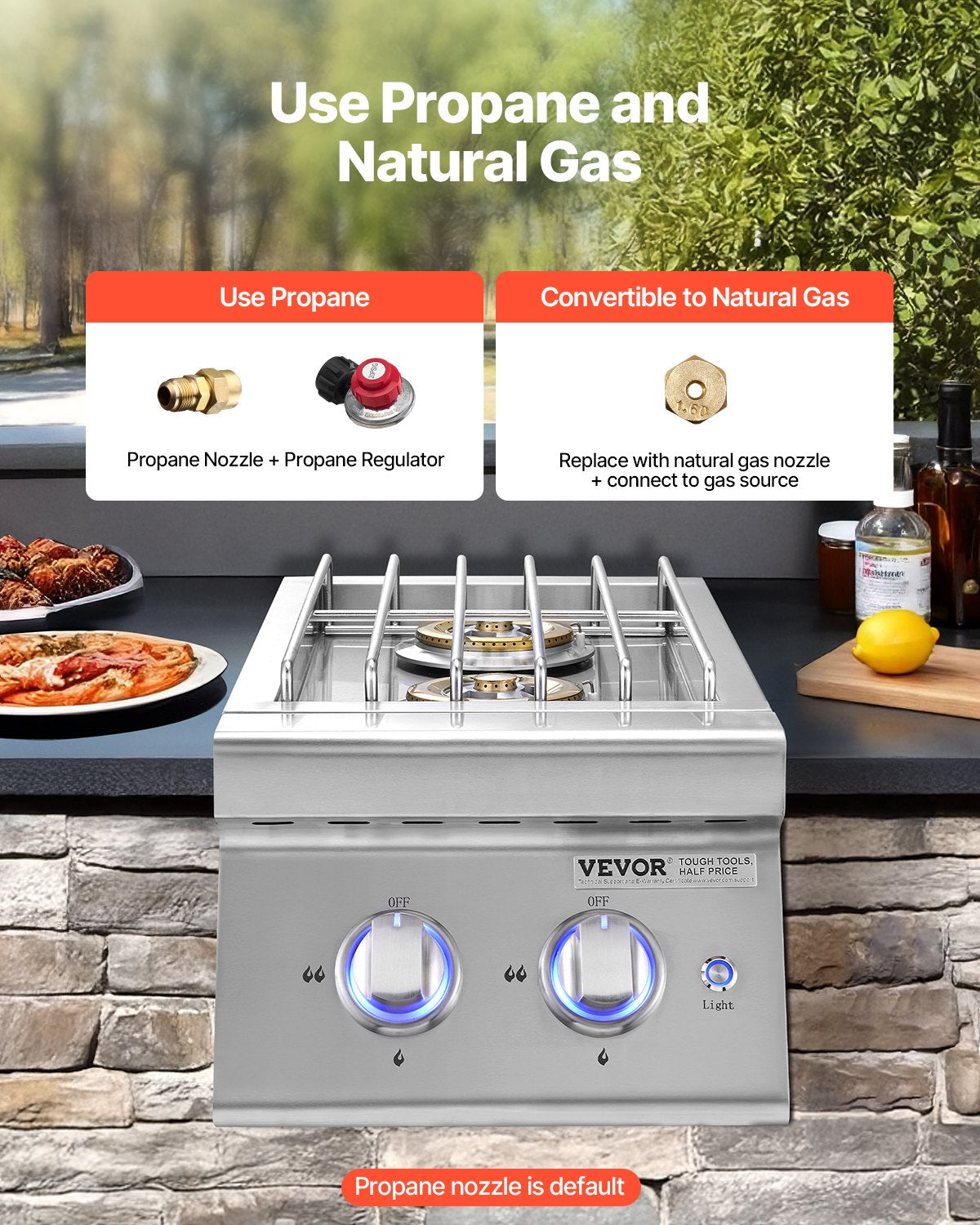 Double Grilling Side Burners, 2 x 17,000BTU Liquid Propane Side Burner for Outdoor Kitchen, Convertible to Natural Gas, 304 Stainless Steel Built-in Double Burners with LED for BBQ Grill Island