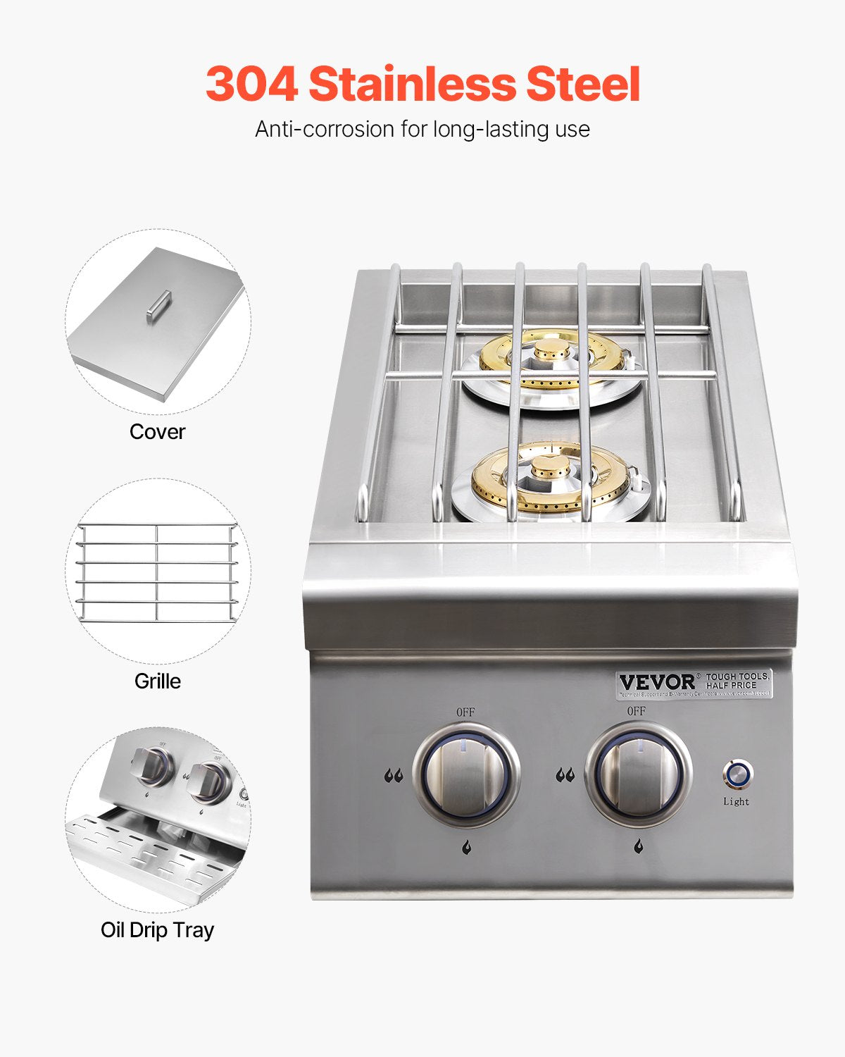 Double Grilling Side Burners, 2 x 17,000BTU Liquid Propane Side Burner for Outdoor Kitchen, Convertible to Natural Gas, 304 Stainless Steel Built-in Double Burners with LED for BBQ Grill Island