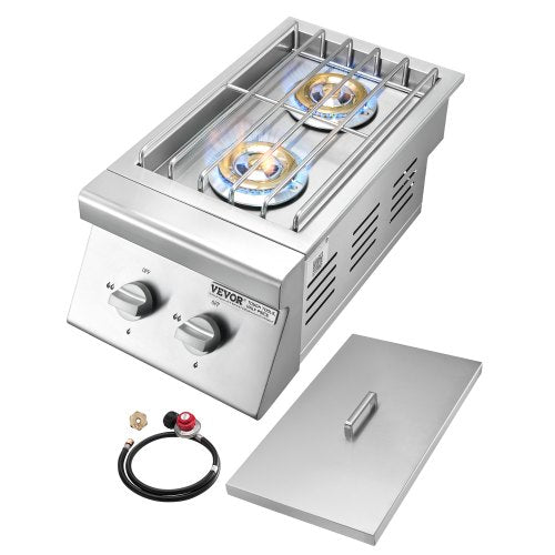 Double Grilling Side Burners, 2 x 15,000BTU Liquid Propane Side Burner for Outdoor Kitchen, Convertible to Natural Gas, 304 Stainless Steel Built-in Double Grill Burners for BBQ Grill Island