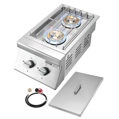 Double Grilling Side Burners, 2 x 15,000BTU Liquid Propane Side Burner for Outdoor Kitchen, Convertible to Natural Gas, 304 Stainless Steel Built-in Double Grill Burners for BBQ Grill Island