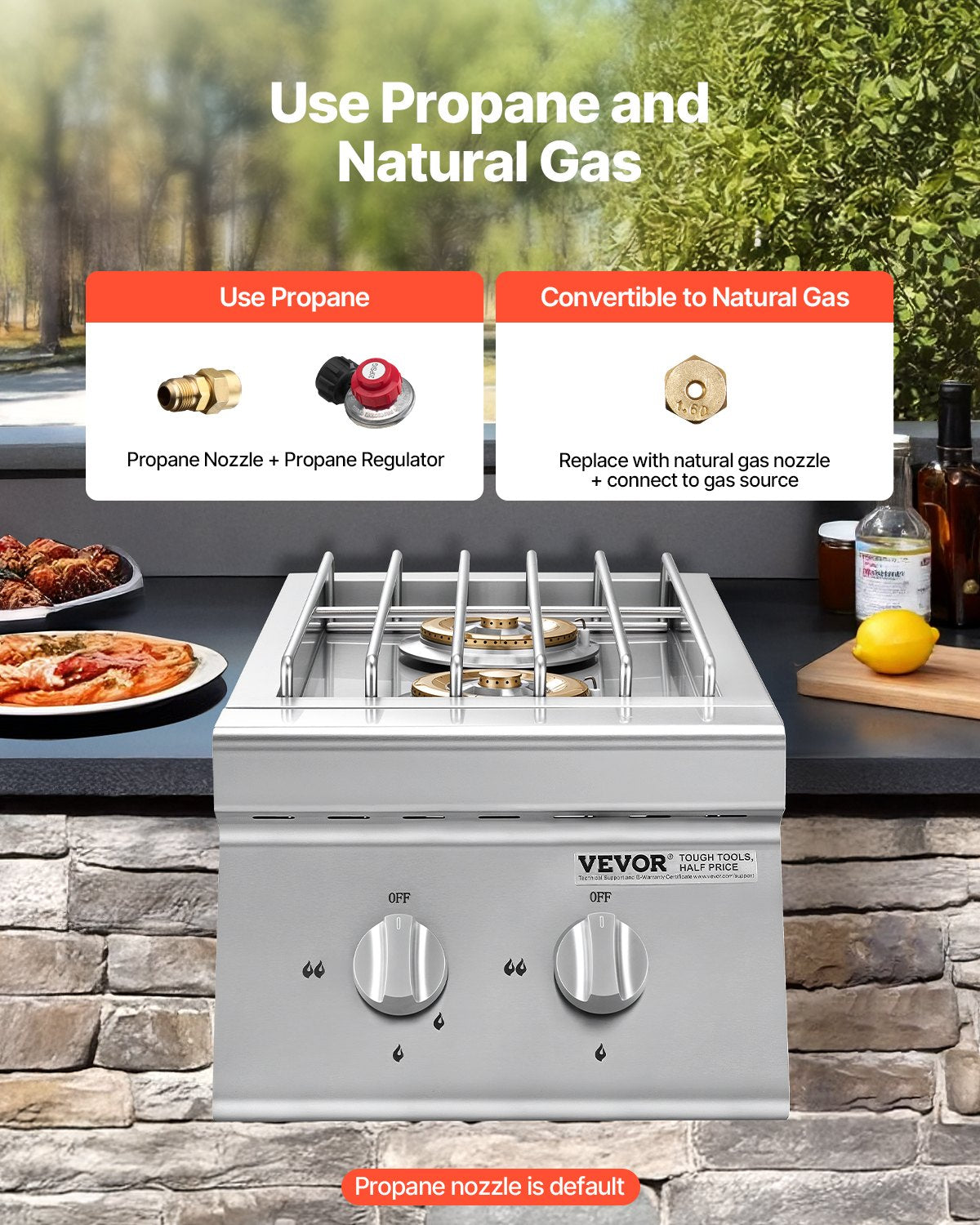 Double Grilling Side Burners, 2 x 15,000BTU Liquid Propane Side Burner for Outdoor Kitchen, Convertible to Natural Gas, 304 Stainless Steel Built-in Double Grill Burners for BBQ Grill Island