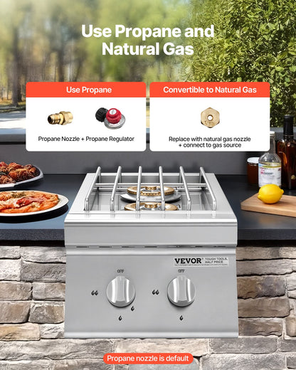 Double Grilling Side Burners, 2 x 15,000BTU Liquid Propane Side Burner for Outdoor Kitchen, Convertible to Natural Gas, 304 Stainless Steel Built-in Double Grill Burners for BBQ Grill Island