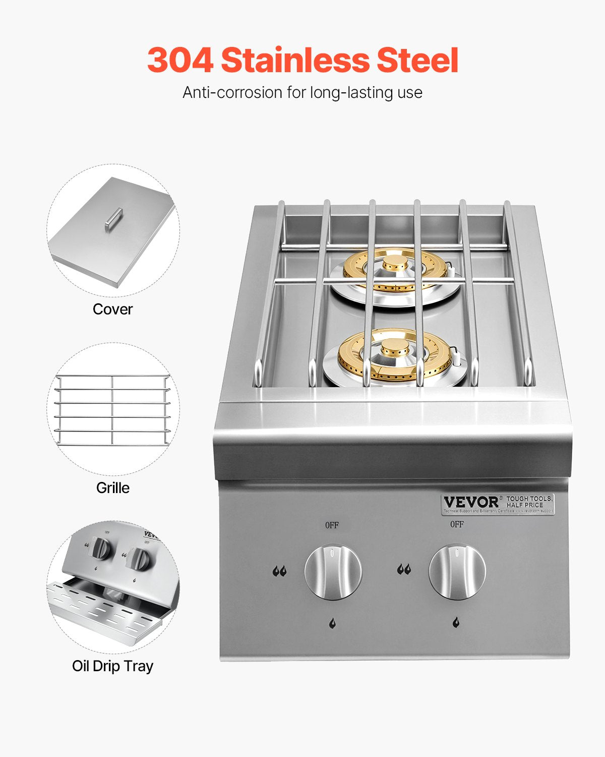 Double Grilling Side Burners, 2 x 15,000BTU Liquid Propane Side Burner for Outdoor Kitchen, Convertible to Natural Gas, 304 Stainless Steel Built-in Double Grill Burners for BBQ Grill Island