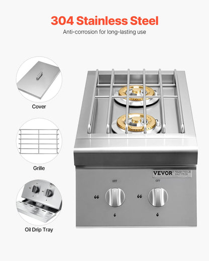 Double Grilling Side Burners, 2 x 15,000BTU Liquid Propane Side Burner for Outdoor Kitchen, Convertible to Natural Gas, 304 Stainless Steel Built-in Double Grill Burners for BBQ Grill Island