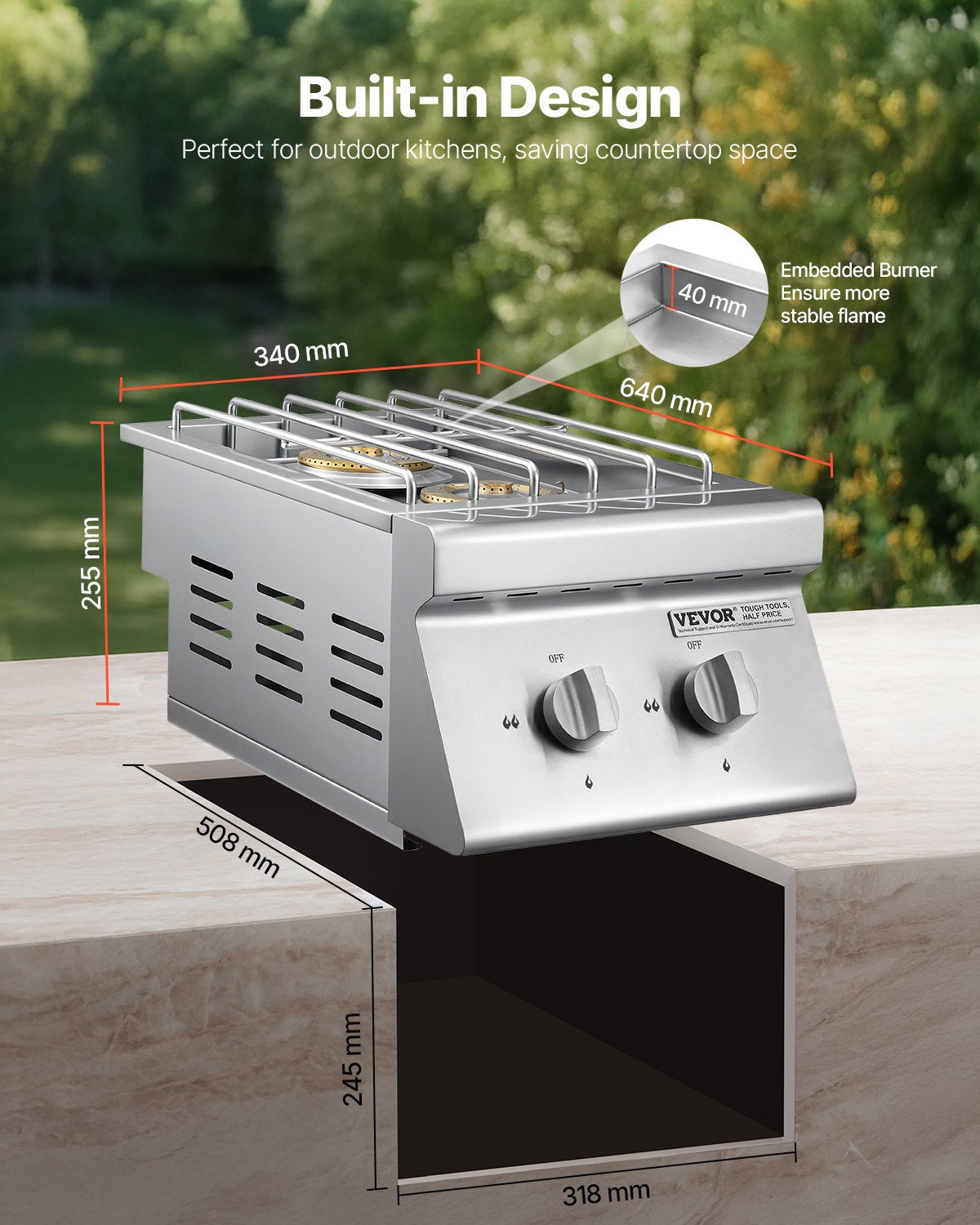 Double Grilling Side Burners, 2 x 15,000BTU Liquid Propane Side Burner for Outdoor Kitchen, Convertible to Natural Gas, 304 Stainless Steel Built-in Double Grill Burners for BBQ Grill Island