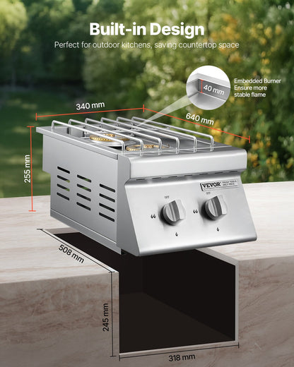 Double Grilling Side Burners, 2 x 15,000BTU Liquid Propane Side Burner for Outdoor Kitchen, Convertible to Natural Gas, 304 Stainless Steel Built-in Double Grill Burners for BBQ Grill Island