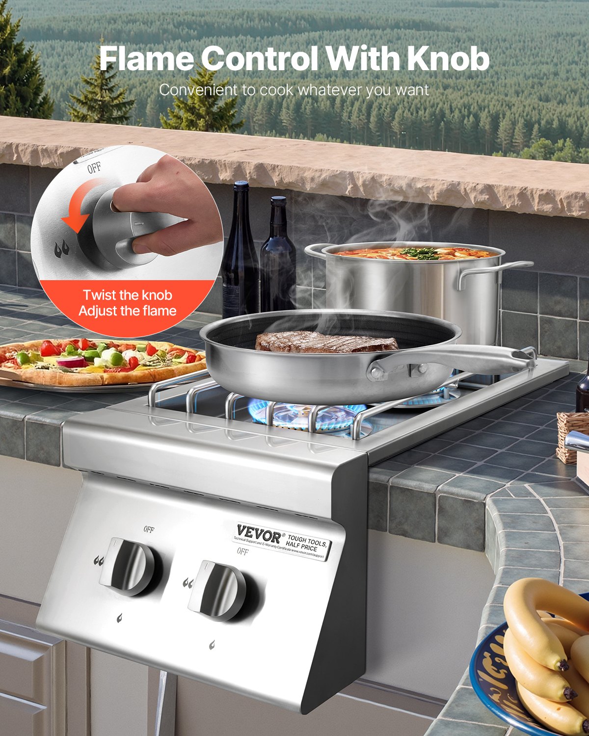 Double Grilling Side Burners, 2 x 15,000BTU Liquid Propane Side Burner for Outdoor Kitchen, Convertible to Natural Gas, 304 Stainless Steel Built-in Double Grill Burners for BBQ Grill Island