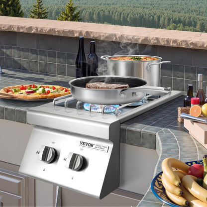 Double Grilling Side Burners, 2 x 15,000BTU Liquid Propane Side Burner for Outdoor Kitchen, Convertible to Natural Gas, 304 Stainless Steel Built-in Double Grill Burners for BBQ Grill Island