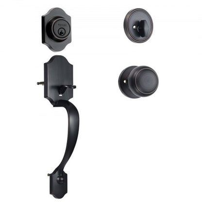 Front Door Handle and Deadbolt Set, Antique Copper Front Door Lock Set with Interior Knob, Adjustable Hole Spacing Single Cylinder Handleset, for Right and Left Handed Entrance and Front Door