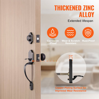 Framdörrhandtag och låssats, antik koppar framdörrlåssats med invändig knopp, justerbart hålavstånd encylindrigt handtag, för höger- och vänsterhänt entré och framdörr