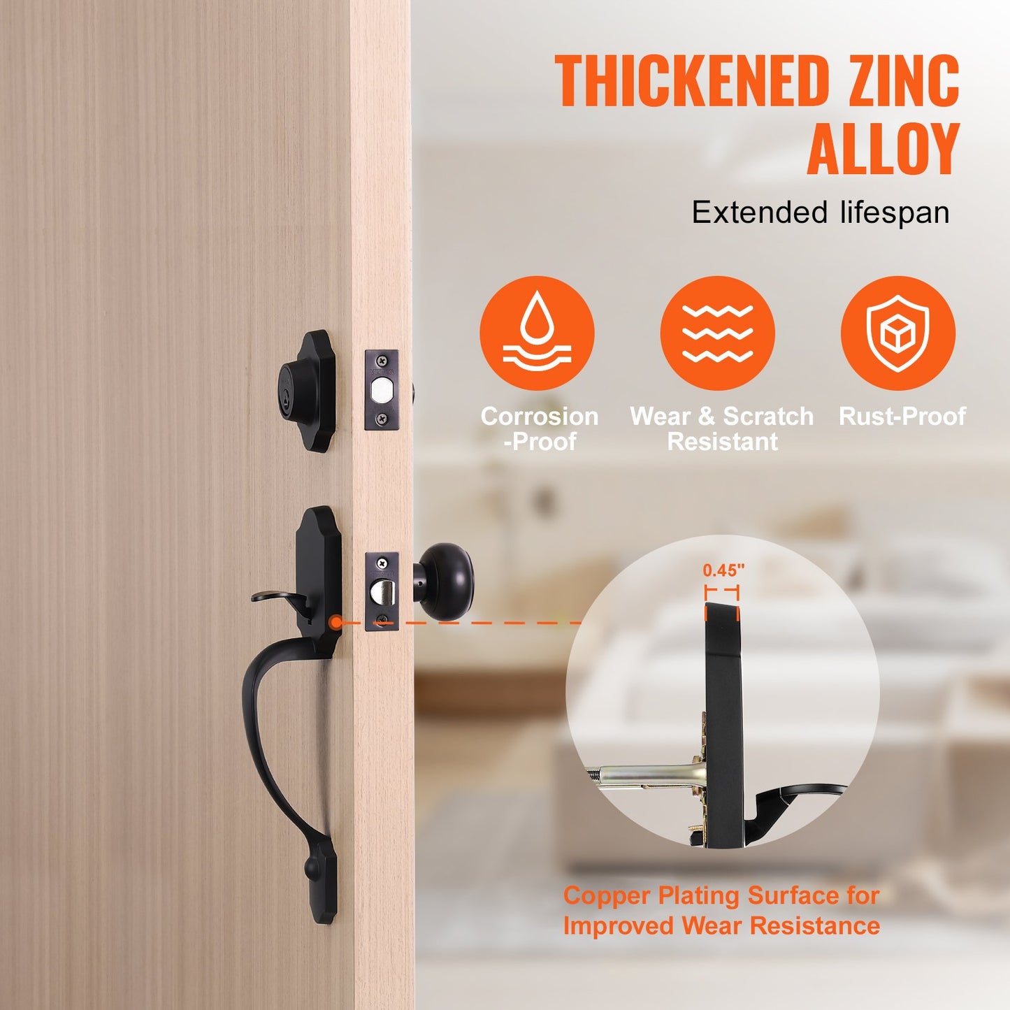 Framdörrhandtag och låssats, mattsvart framdörrlåssats med invändig knopp, justerbart hålavstånd encylindrigt handtag, för höger- och vänsterhänt entré och framdörr