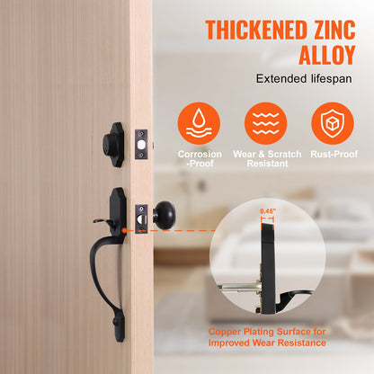 Framdörrhandtag och låssats, mattsvart framdörrlåssats med invändig knopp, justerbart hålavstånd encylindrigt handtag, för höger- och vänsterhänt entré och framdörr