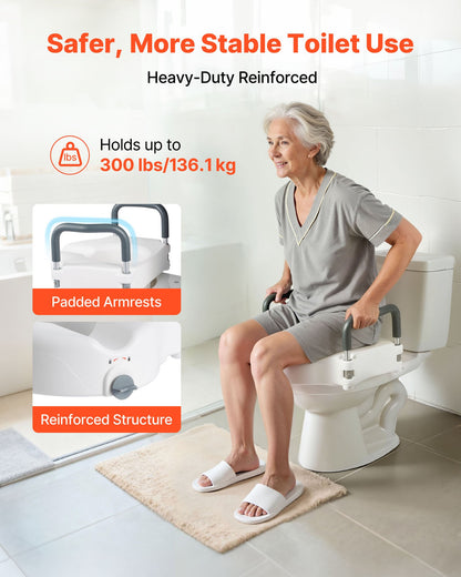 Raised Toilet Seat with Arms, 300 lbs Load Capacity, 5-Inch Lift Height, Widened Commode Elevated Toilet Seat Riser with Padded Handles for Seniors, Elderly, Handicap, Disabled, and Adults Use
