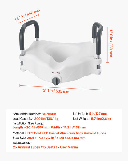 Raised Toilet Seat with Arms, 300 lbs Load Capacity, 5-Inch Lift Height, Widened Commode Elevated Toilet Seat Riser with Padded Handles for Seniors, Elderly, Handicap, Disabled, and Adults Use