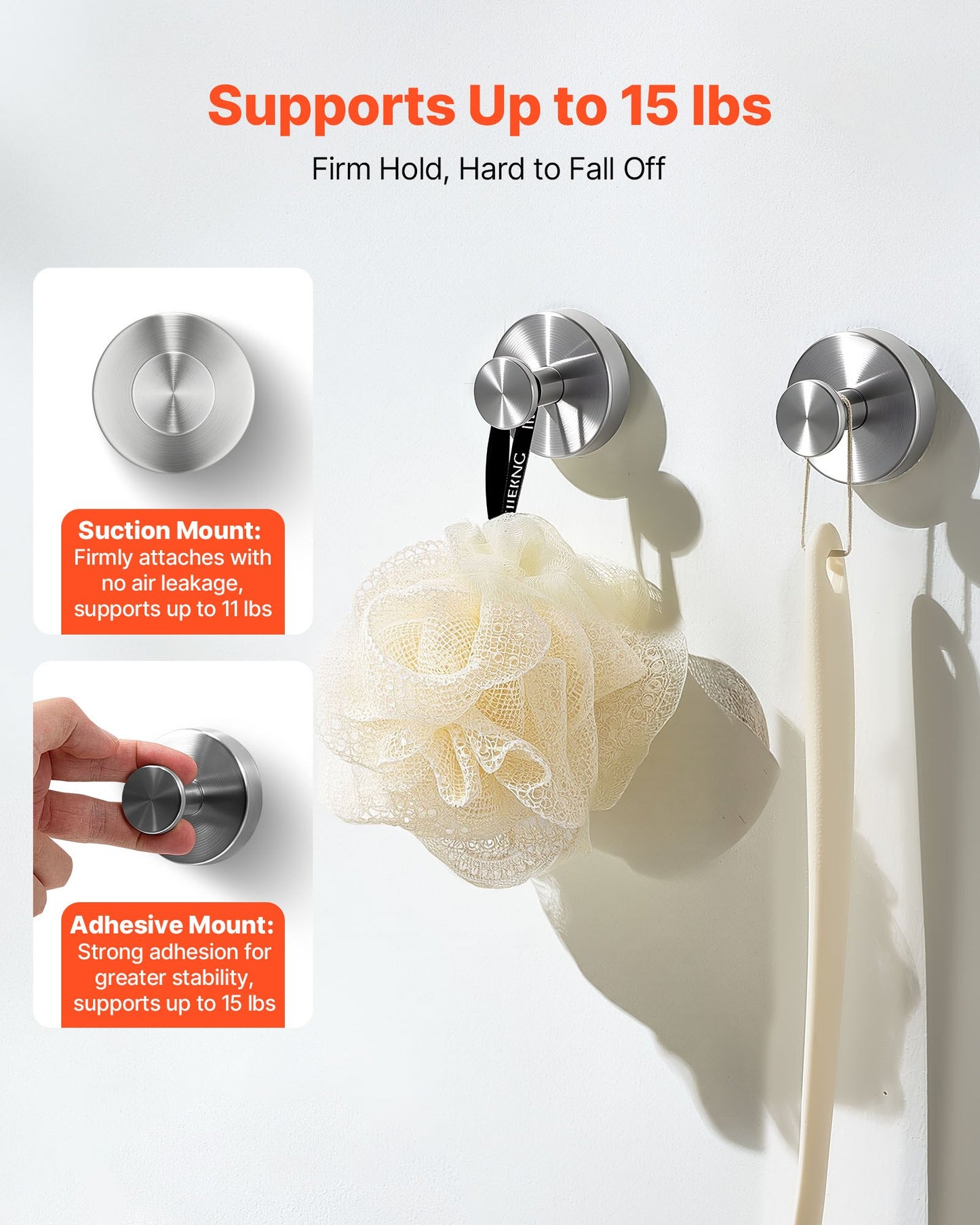 Suction Cup Hooks for Shower, 2-Pack No Drill Stainless Steel Hooks, Suction Cup Shower Towel Hanging Hook, for Bathroom Wall, Kitchen, Glass, Mirror and Tile to Hang Towels, Robes & Loofah