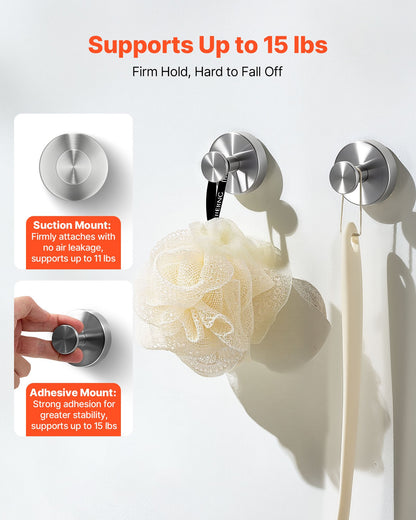 Suction Cup Hooks for Shower, 2-Pack No Drill Stainless Steel Hooks, Suction Cup Shower Towel Hanging Hook, for Bathroom Wall, Kitchen, Glass, Mirror and Tile to Hang Towels, Robes & Loofah