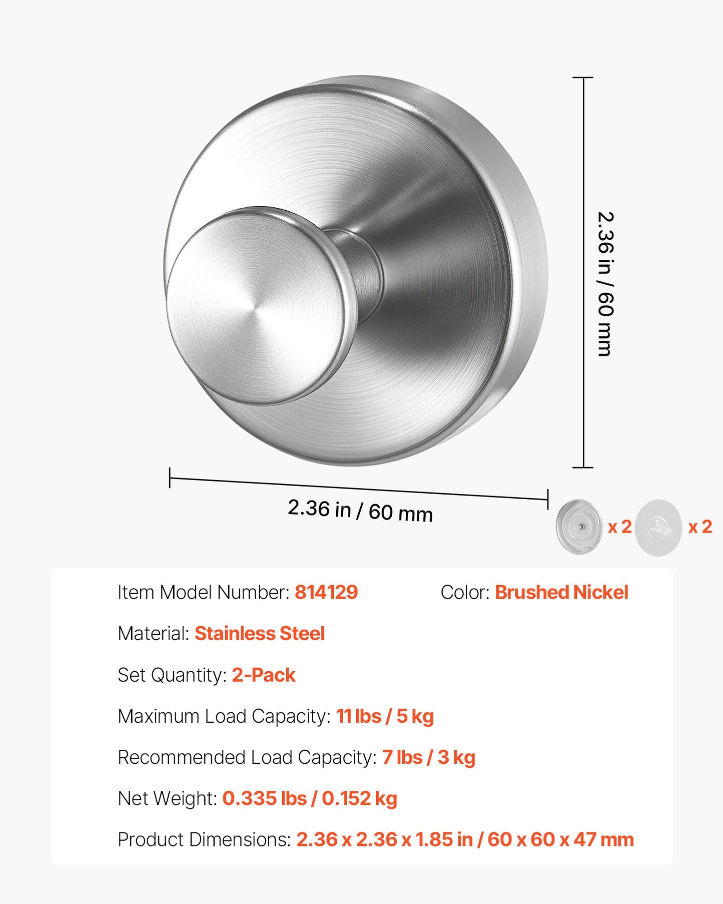 Suction Cup Hooks for Shower, 2-Pack No Drill Stainless Steel Hooks, Suction Cup Shower Towel Hanging Hook, for Bathroom Wall, Kitchen, Glass, Mirror and Tile to Hang Towels, Robes & Loofah