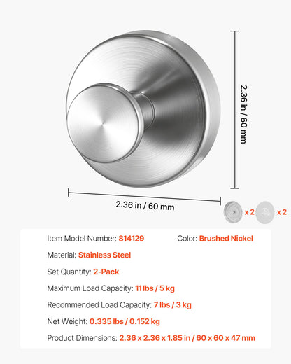 Suction Cup Hooks for Shower, 2-Pack No Drill Stainless Steel Hooks, Suction Cup Shower Towel Hanging Hook, for Bathroom Wall, Kitchen, Glass, Mirror and Tile to Hang Towels, Robes & Loofah