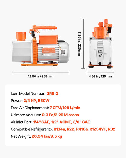 Vacuum Pump, 7 CFM 3/4 HP, HVAC Two Stage Rotary Vane AC Vacuum Pump, for R134a R22 R410a R1234YF R32, 4 Pole Motor, for Automotive Air Conditioner Maintenance Resin Degassing, Oil Included