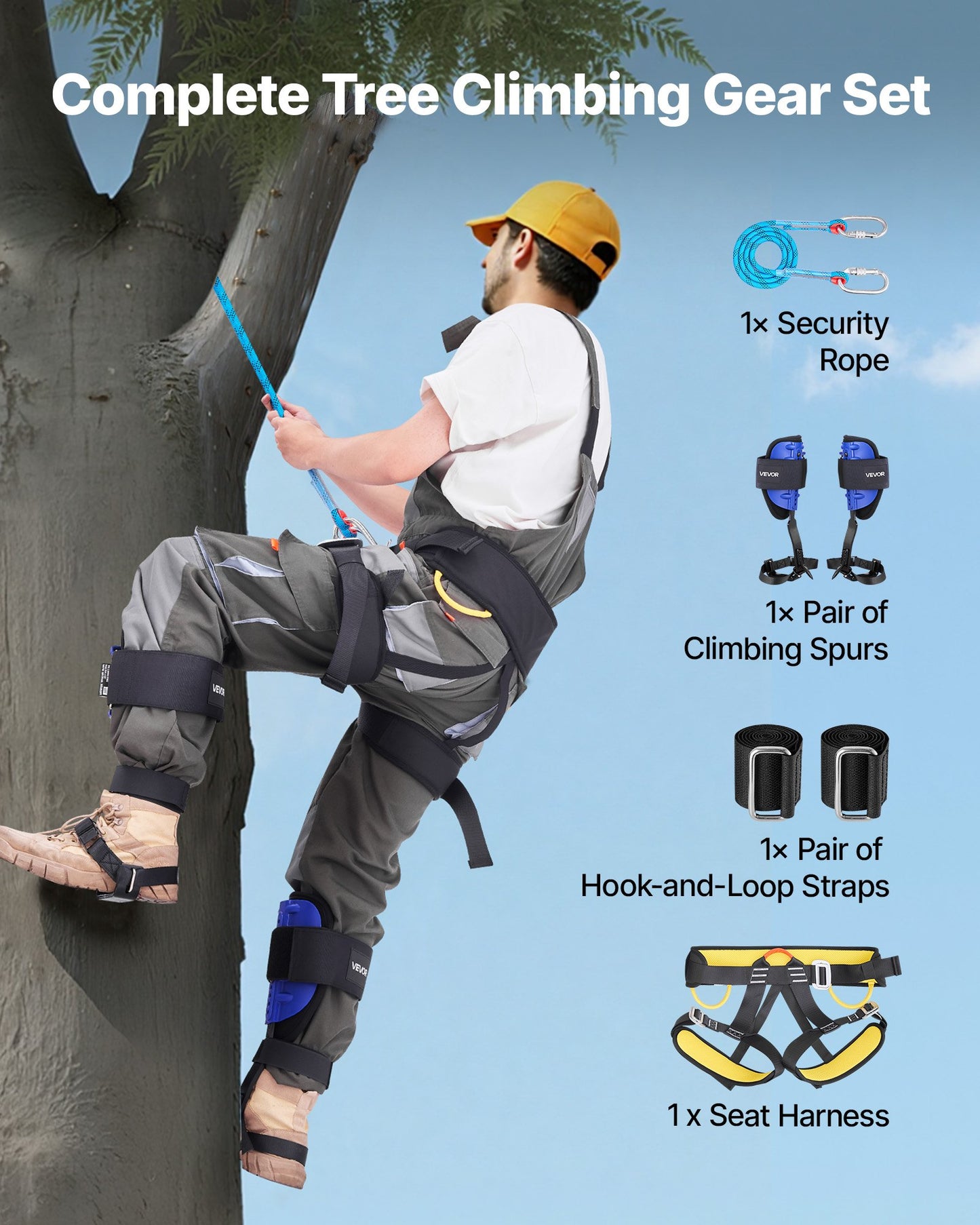 Tree Climbing Spikes Set, Height-Adjustable Tree Climbing Gear with Straps & Harness, 350 lbs Load Capacity, Heavy Duty Steel Climb Spurs Arborist Equipment for Fruit Picking Hunting