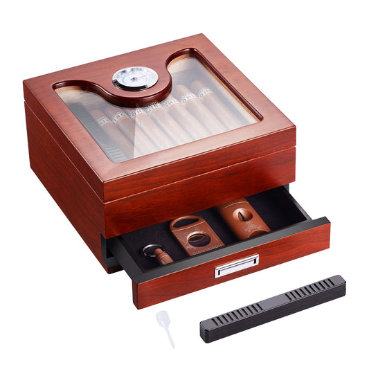 35 Cigar Humidor Glasstop Cedar Cigar Box Humidifier &amp; Hygrometer &amp; Drawer