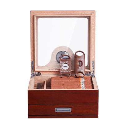 35 Cigar Humidor Glasstop Cedar Cigar Box Humidifier &amp; Hygrometer &amp; Drawer